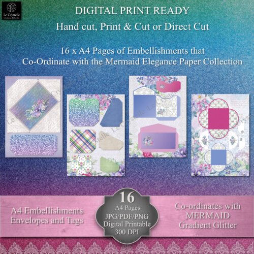 Digital Mermaid Elegance Envelopes, Tags and Embellishment Collection - Image 2