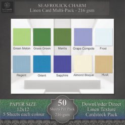 Seafrolick/Seafrolick Charm 12x12 Co-ordinating Linen Card Pack - 50 sheet Pack Pack contains - 10 Colours, 5 sheets of each colour - 216gsm These Linen colour packs co-ordinate beautifully with the Le Crystelle Seafrolick Charm Digital Patterned Paper and our Seafrolick Gradient Glitter card. They are especially suitable for packs to use in your class projects when you use the digital paper for various projects. Print the patterned paper as many times as you wish to enhance your scrapbook pages or help you with your class ideas.