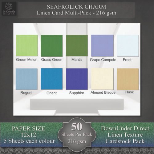 Seafrolick/Seafrolick Charm 12x12 Co-ordinating Linen Card Pack - 50 sheet Pack Pack contains - 10 Colours, 5 sheets of each colour - 216gsm These Linen colour packs co-ordinate beautifully with the Le Crystelle Seafrolick Charm Digital Patterned Paper and our Seafrolick Gradient Glitter card. They are especially suitable for packs to use in your class projects when you use the digital paper for various projects. Print the patterned paper as many times as you wish to enhance your scrapbook pages or help you with your class ideas.