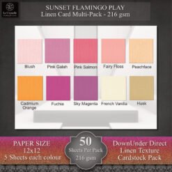Sunset/Sunset Flamingo Play 12x12 Co-ordinating Linen Card Pack - 50 sheet Pack Pack contains - 10 Colours, 5 sheets of each colour - 216gsm These Linen colour packs co-ordinate beautifully with the Le Crystelle Seafrolick Charm Digital Patterned Paper and our Seafrolick Gradient Glitter card. They are especially suitable for packs to use in your class projects when you use the digital paper for various projects. Print the patterned paper as many times as you wish to enhance your scrapbook pages or help you with your class ideas.