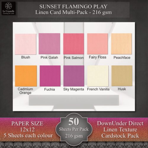 Sunset/Sunset Flamingo Play 12x12 Co-ordinating Linen Card Pack - 50 sheet Pack Pack contains - 10 Colours, 5 sheets of each colour - 216gsm These Linen colour packs co-ordinate beautifully with the Le Crystelle Seafrolick Charm Digital Patterned Paper and our Seafrolick Gradient Glitter card. They are especially suitable for packs to use in your class projects when you use the digital paper for various projects. Print the patterned paper as many times as you wish to enhance your scrapbook pages or help you with your class ideas.